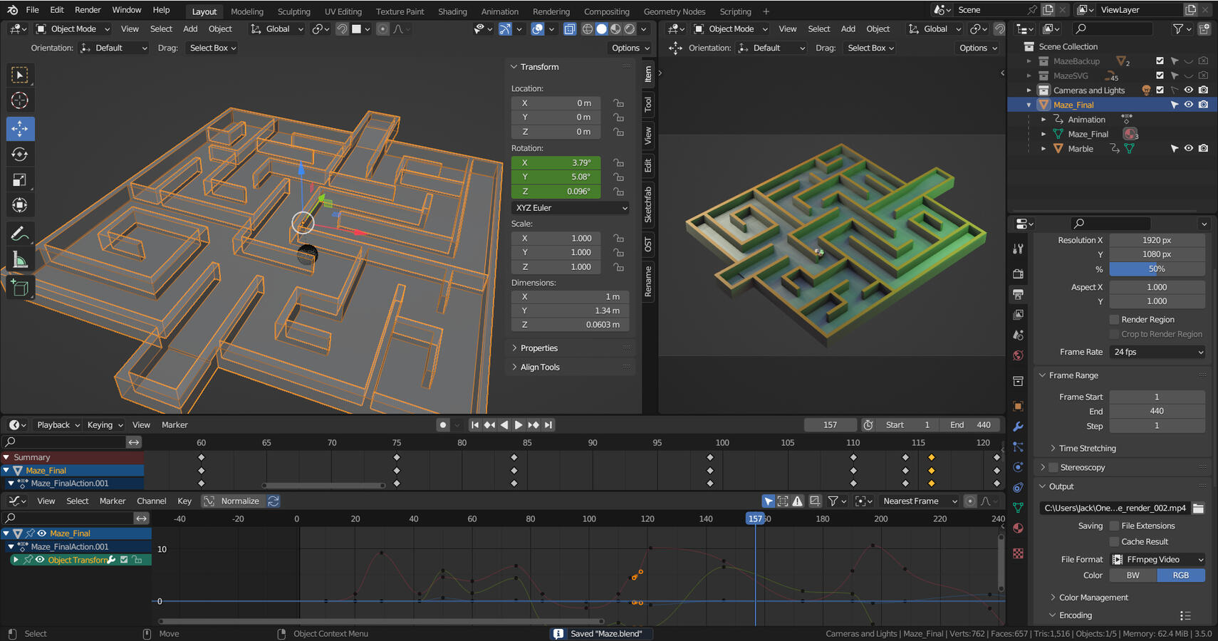 My workspace in Blender (Maze Animation).
